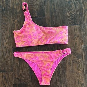 Size L Pink and Orange One-Shoulder Bikini Set